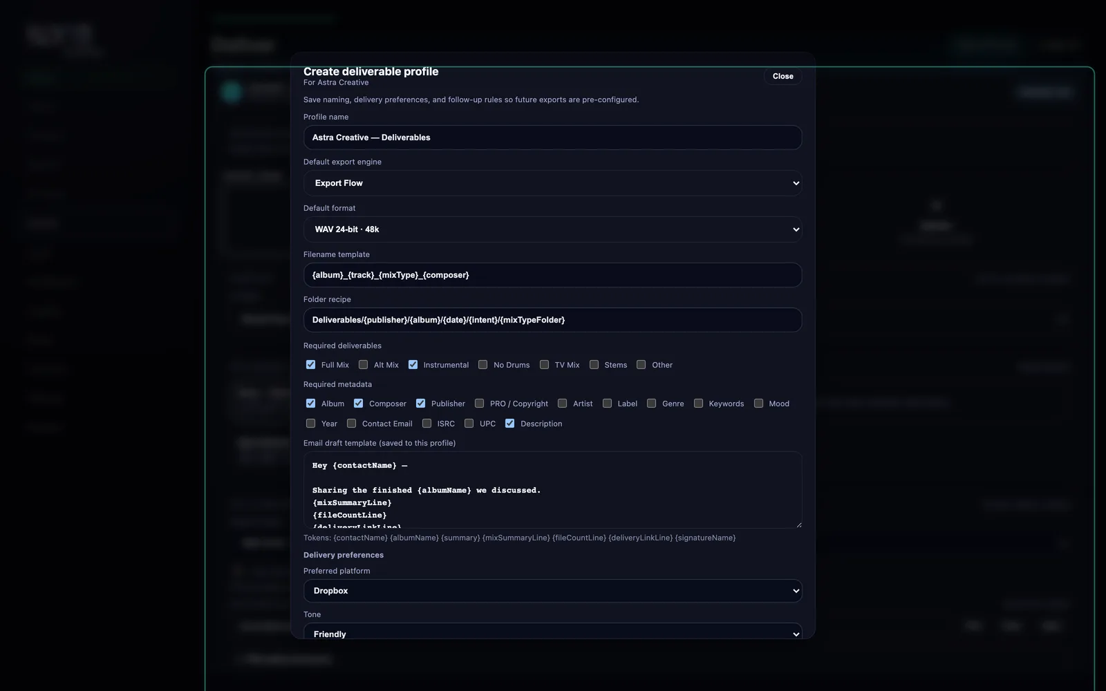 Kora's Create deliverable profile dialog, showing a filename template of {album}_{track}_{mixType}_{composer}, a folder recipe of Deliverables/{publisher}/{album}/{date}/{intent}/{mixTypeFolder}, checkboxes for required deliverables and metadata fields, and an email draft template.