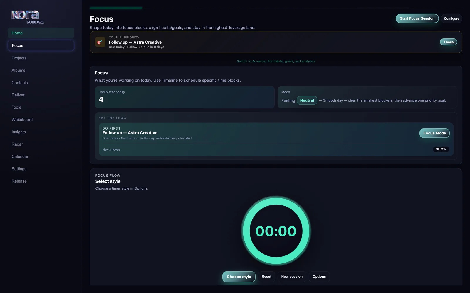 Kora's Focus page showing a #1 priority card reading Follow up — Astra Creative due today, a completed-today count, a mood selector set to Neutral, an Eat the Frog card with a Focus Mode button, and the Focus Flow timer below.