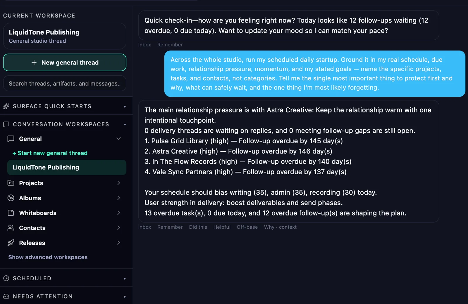 Kai's conversation view with a Local and Kai engine toggle set to Local, a reply naming four specific contacts with how many days each follow-up is overdue, and a row of controls beneath it reading Inbox, Remember, Did this, Helpful, Off-base and Why · context.